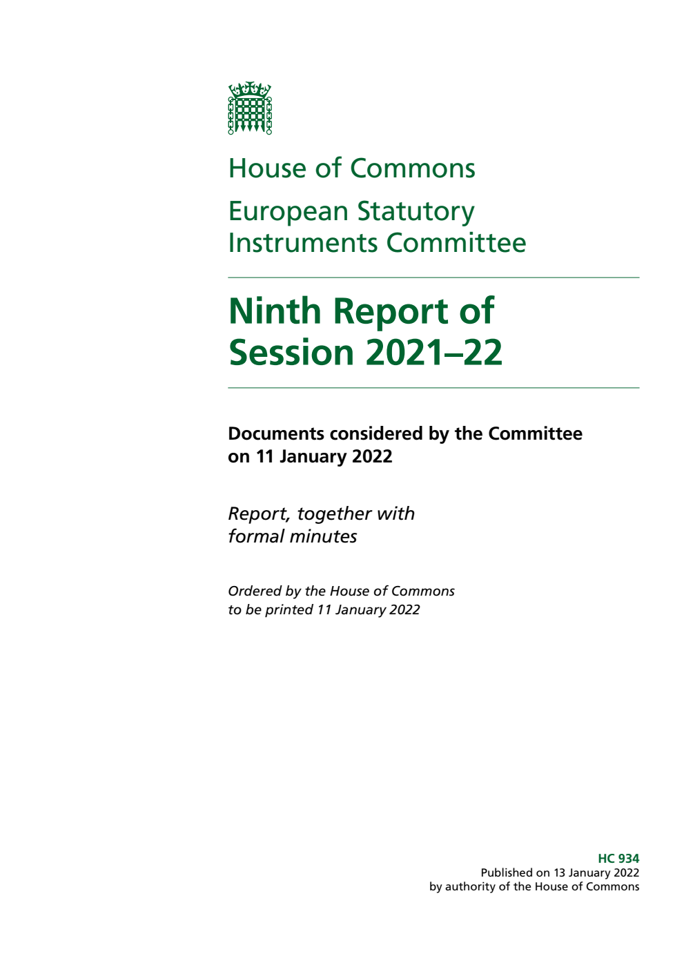 European Statutory Instruments Committee 9th Report of Session 2021-22