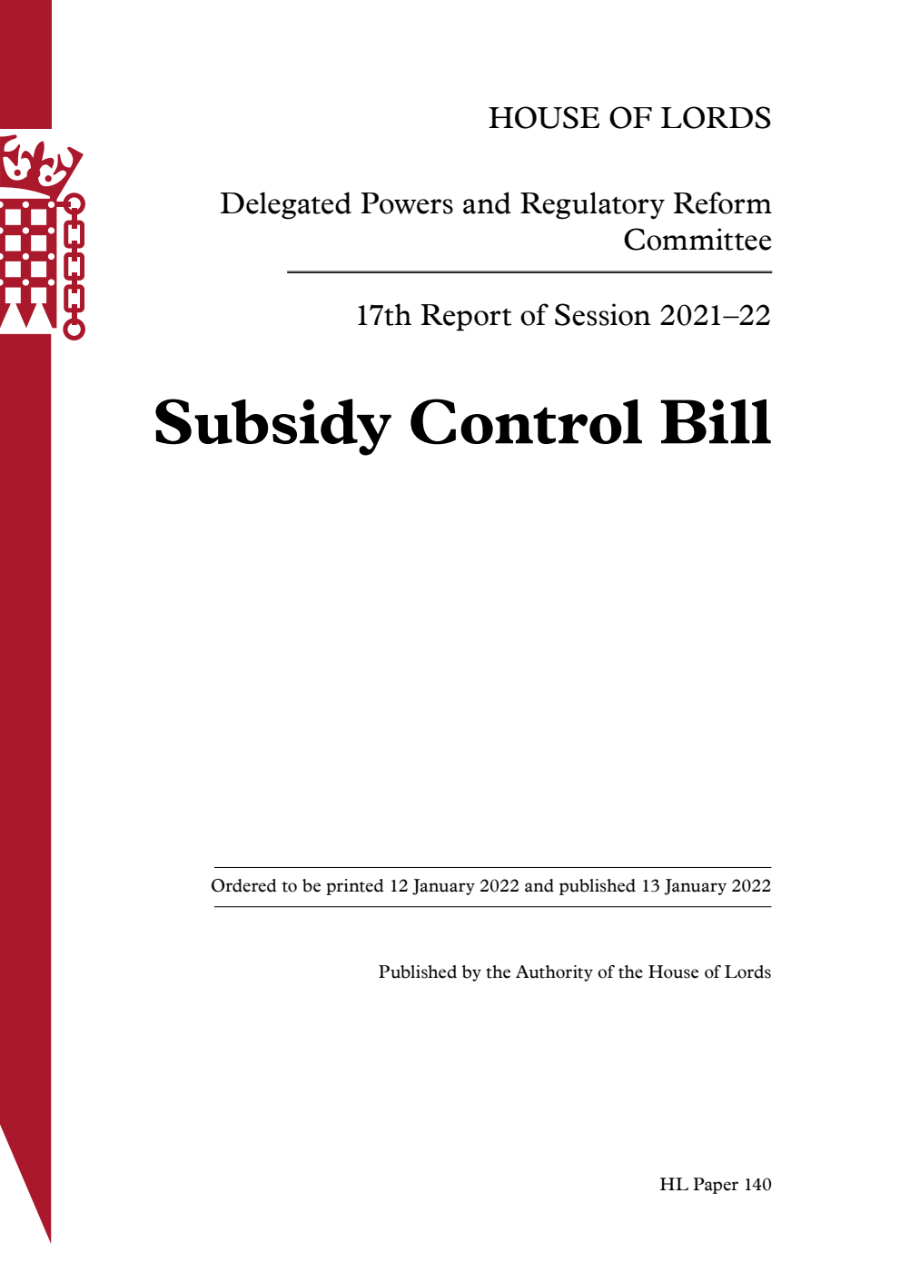 Delegated Powers and Regulatory Reform Committee 17th Report. Subsidy Control Bill