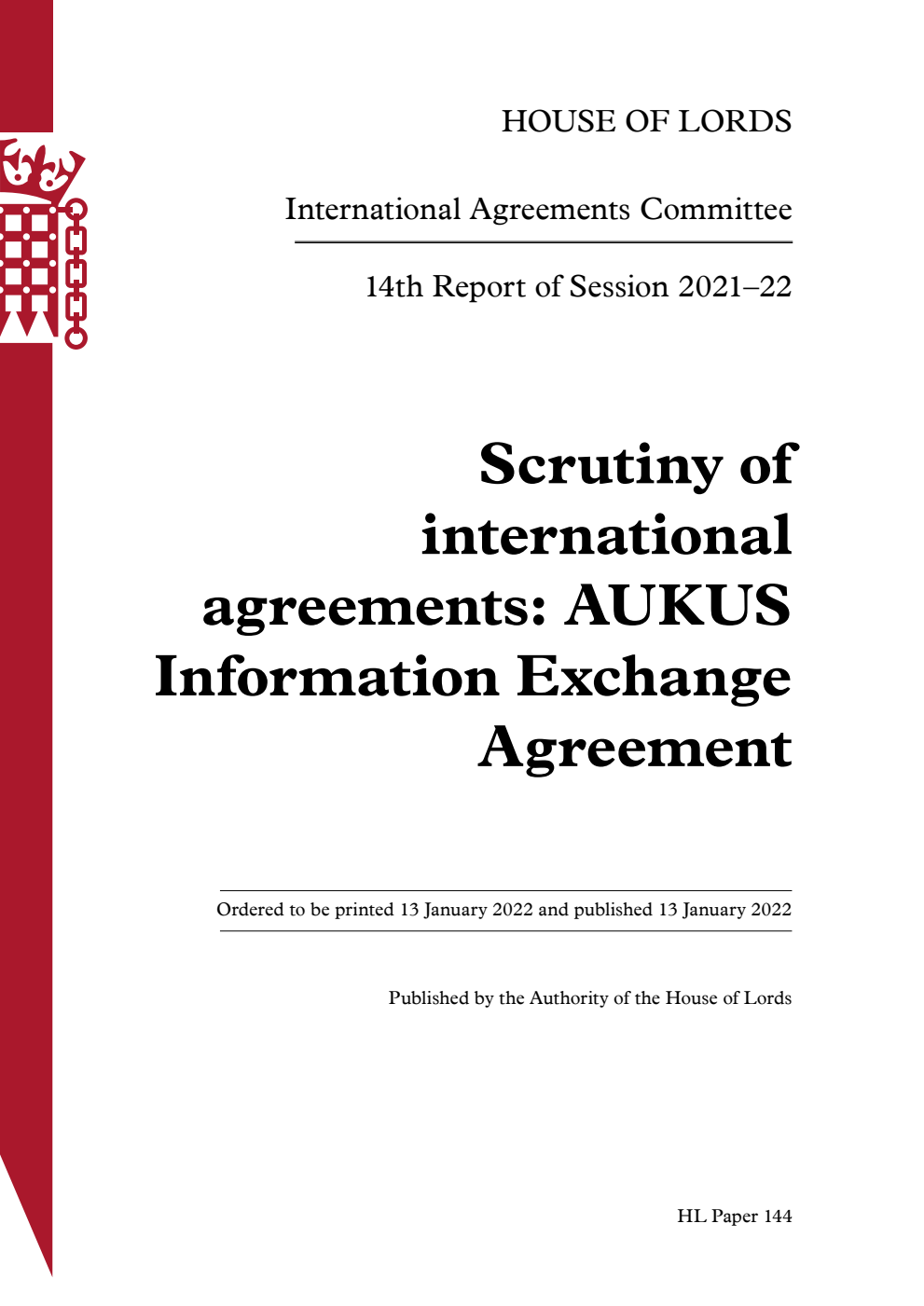 International Agreements Committee 14th Report. Scrutiny of international agreements: AUKUS Information Exchange Agreement