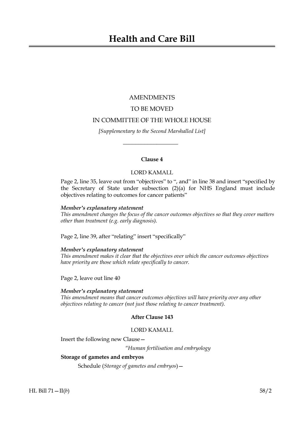 Health and Care Bill Amendments to be moved in Committee of the Whole House [Supplementary to the Second Marshalled List]