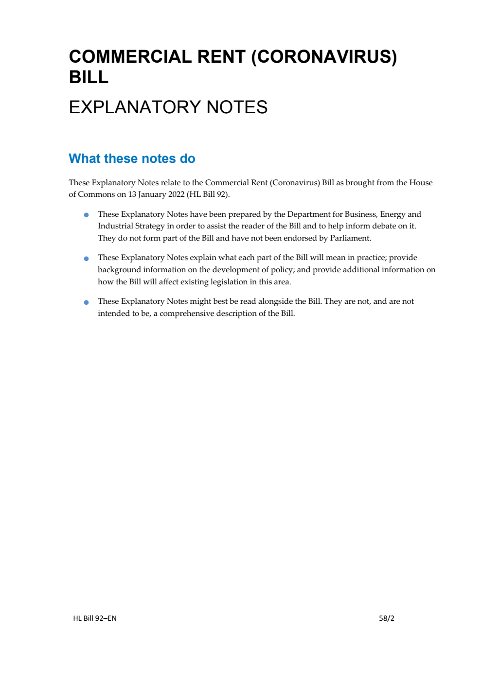 Commercial Rent (Coronavirus) Bill Explanatory Notes