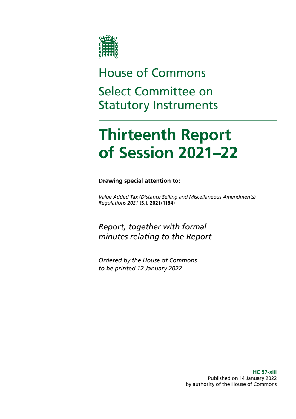 Statutory Instruments Committee 13th Report of Session 2021-22