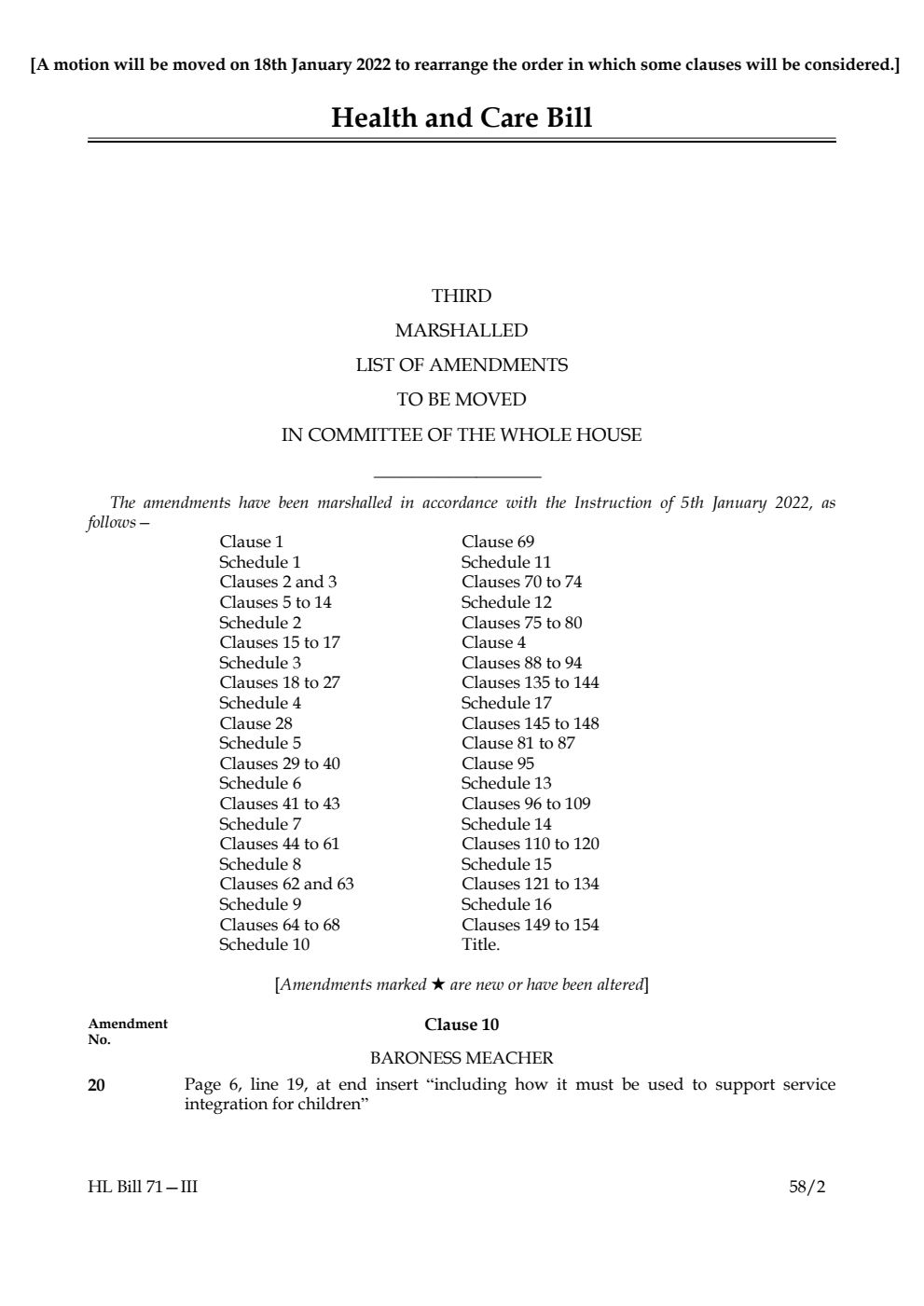 Health and Care Bill Third Marshalled List of Amendments to be moved in Committee of the Whole House