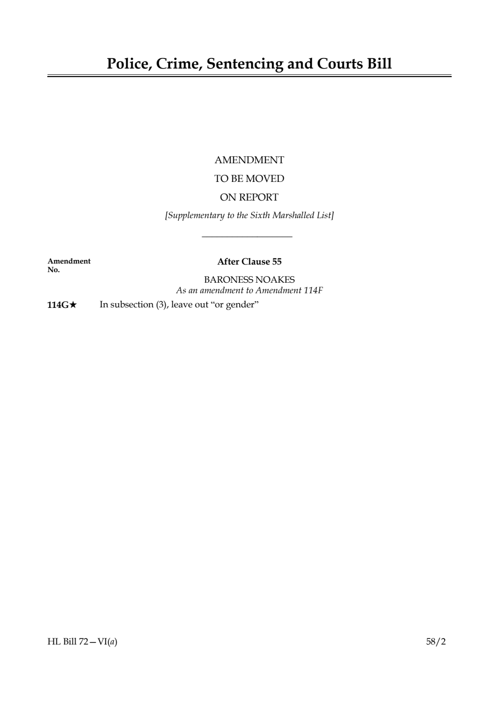 Police, Crime, Sentencing and Courts Bill Amendment to be moved on Report [Supplementary to the Sixth Marshalled List]