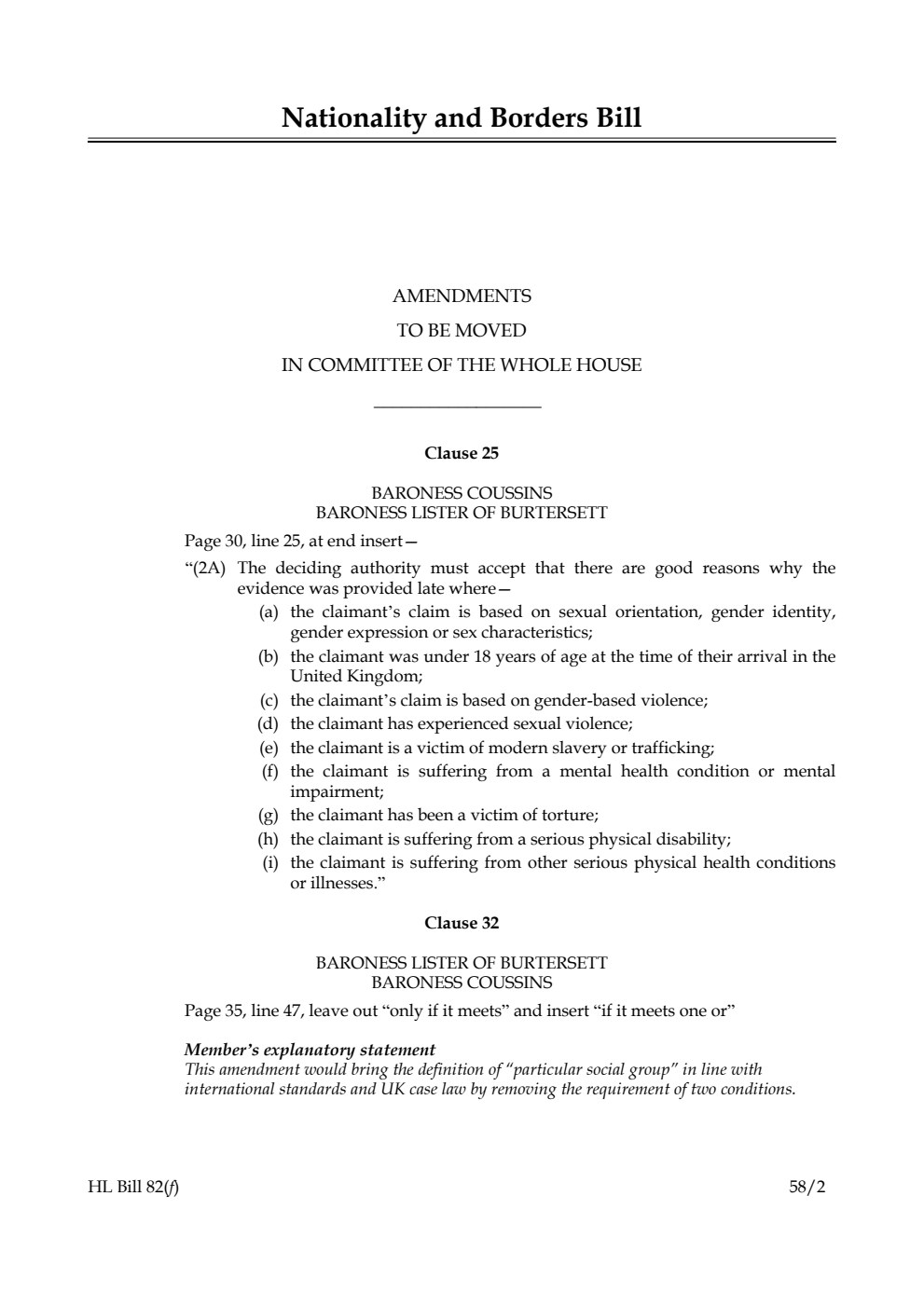 Nationality and Borders Bill Amendments to be moved in Committee of the Whole House