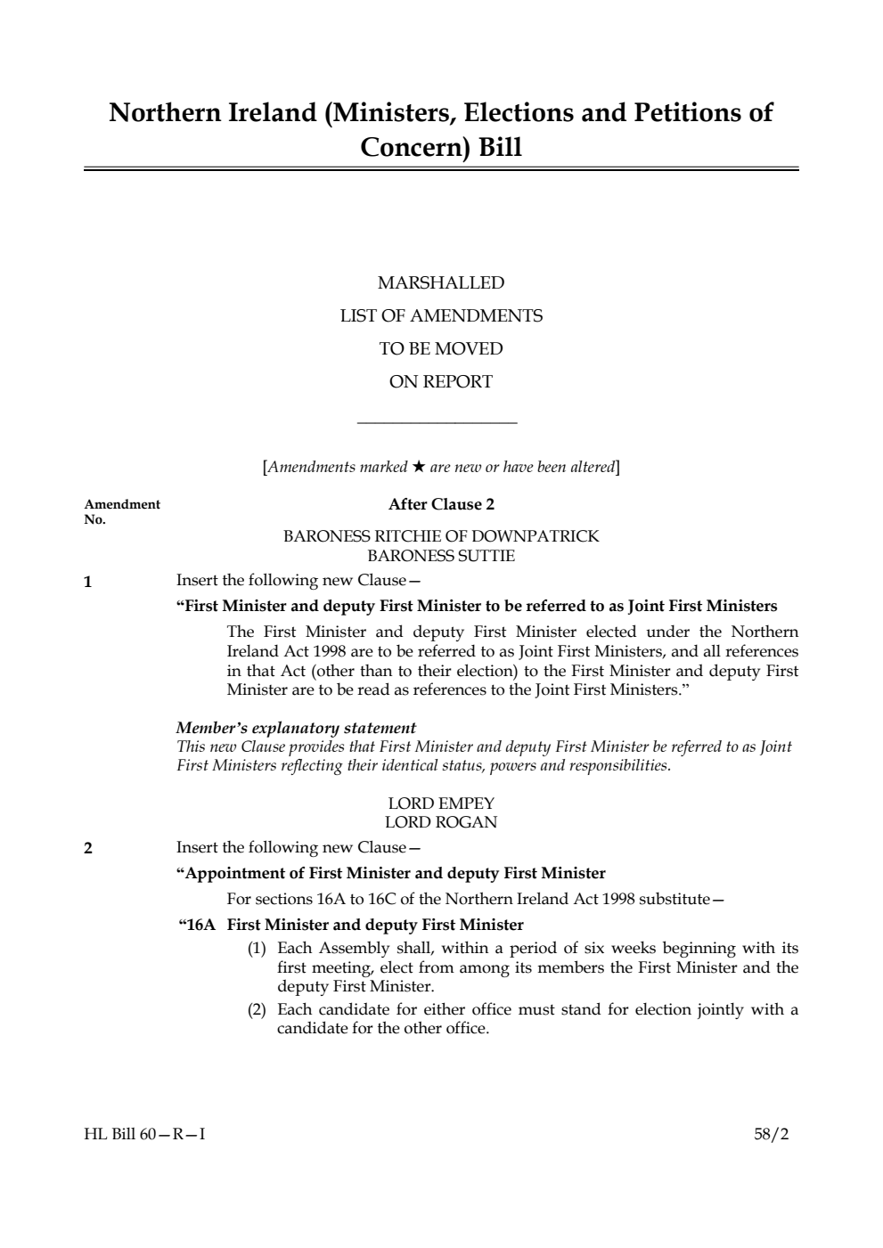 Northern Ireland (Ministers, Elections and Petitions of Concern) Bill Marshalled List of Amendments to be moved on report