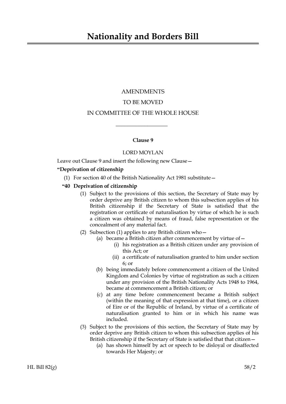 Nationality and Borders Bill Amendments to be moved in Committee of the Whole House