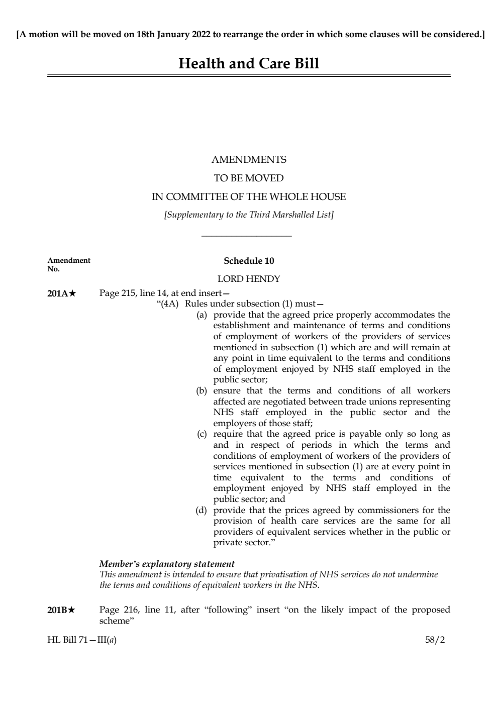 Health and Care Bill Amendments to be moved in Committee of the Whole House [Supplementary to the Third Marshalled List]