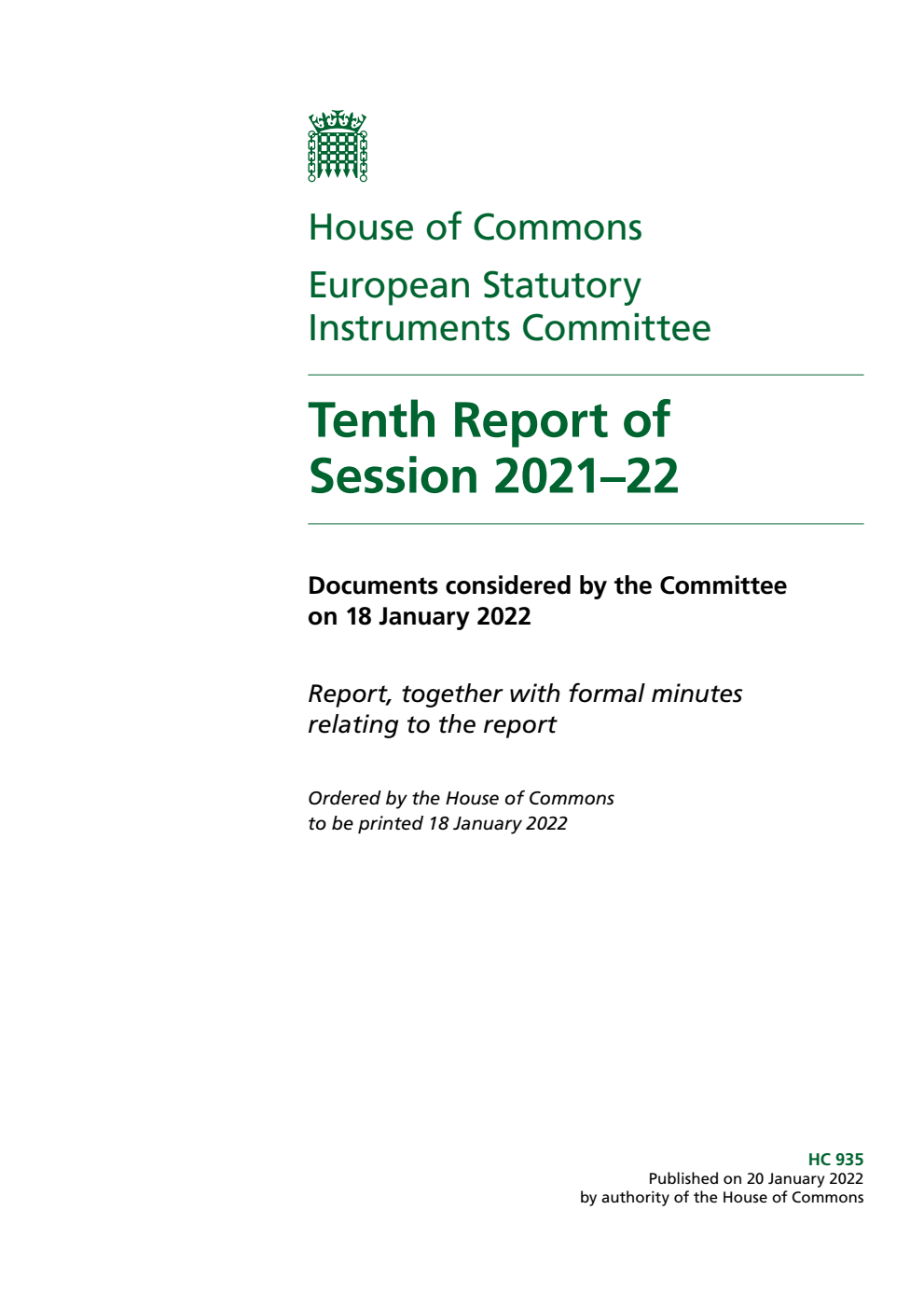 European Statutory Instruments Committee 10th Report of Session 2021-22