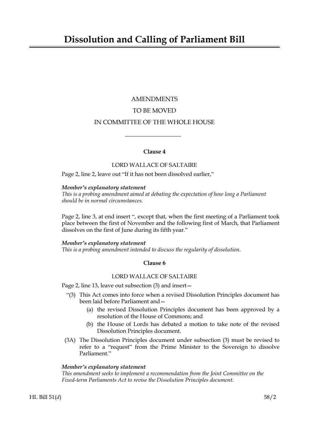 Dissolution and Calling of Parliament Bill Amendments to be moved in Committee of the Whole House