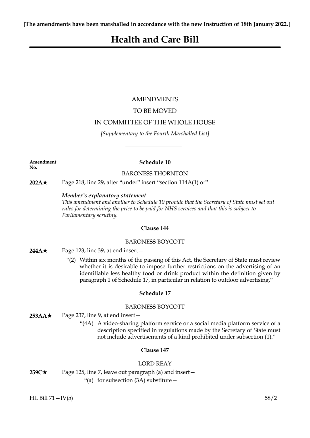 Health and Care Bill Amendments to be moved in Committee of the Whole House [Supplementary to the Fourth Marshalled List]