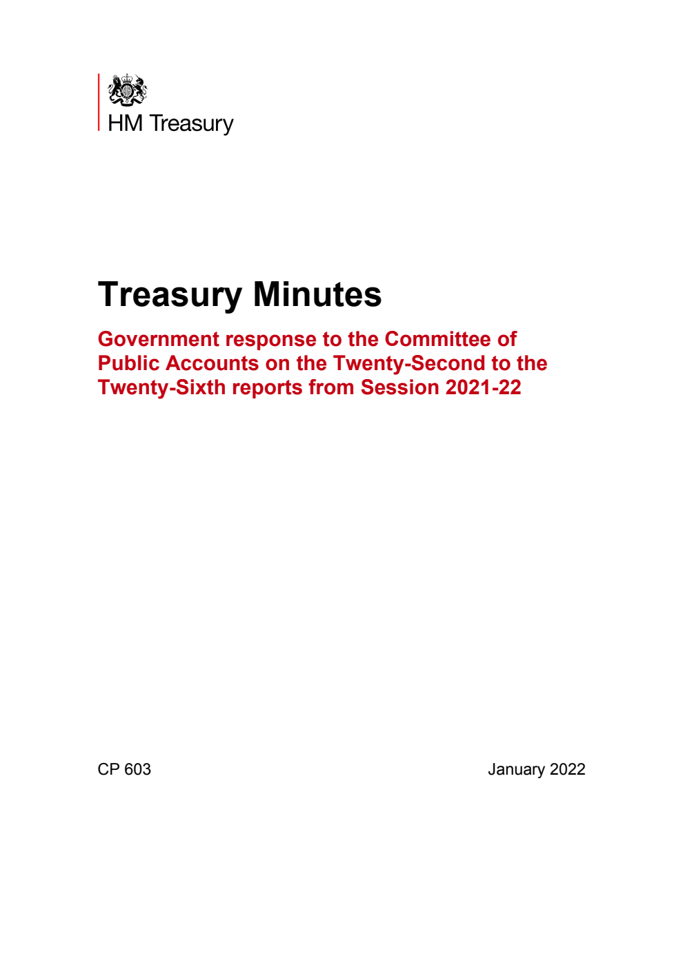 Treasury Minutes Government response to the Committee of Public Accounts on the Twenty-Second to the Twenty-Sixth reports from Session 2021-22