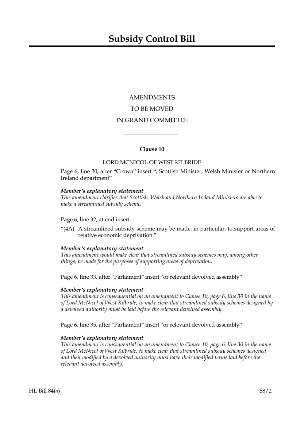 Subsidy Control Bill Amendments to be moved in Grand Committee