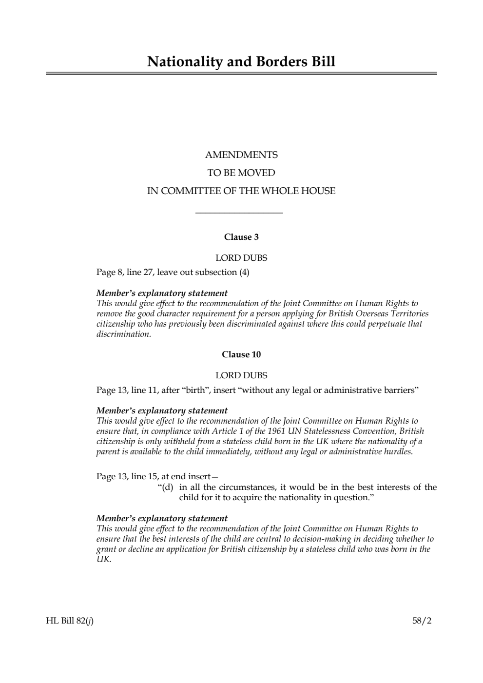 Nationality and Borders Bill Amendments to be moved in Committee of the Whole House