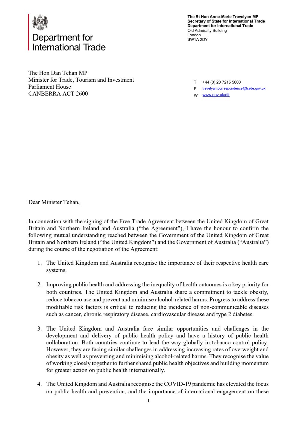 Free Trade Agreement between the United Kingdom of Great Britain and Northern Ireland and Australia - Associated documents