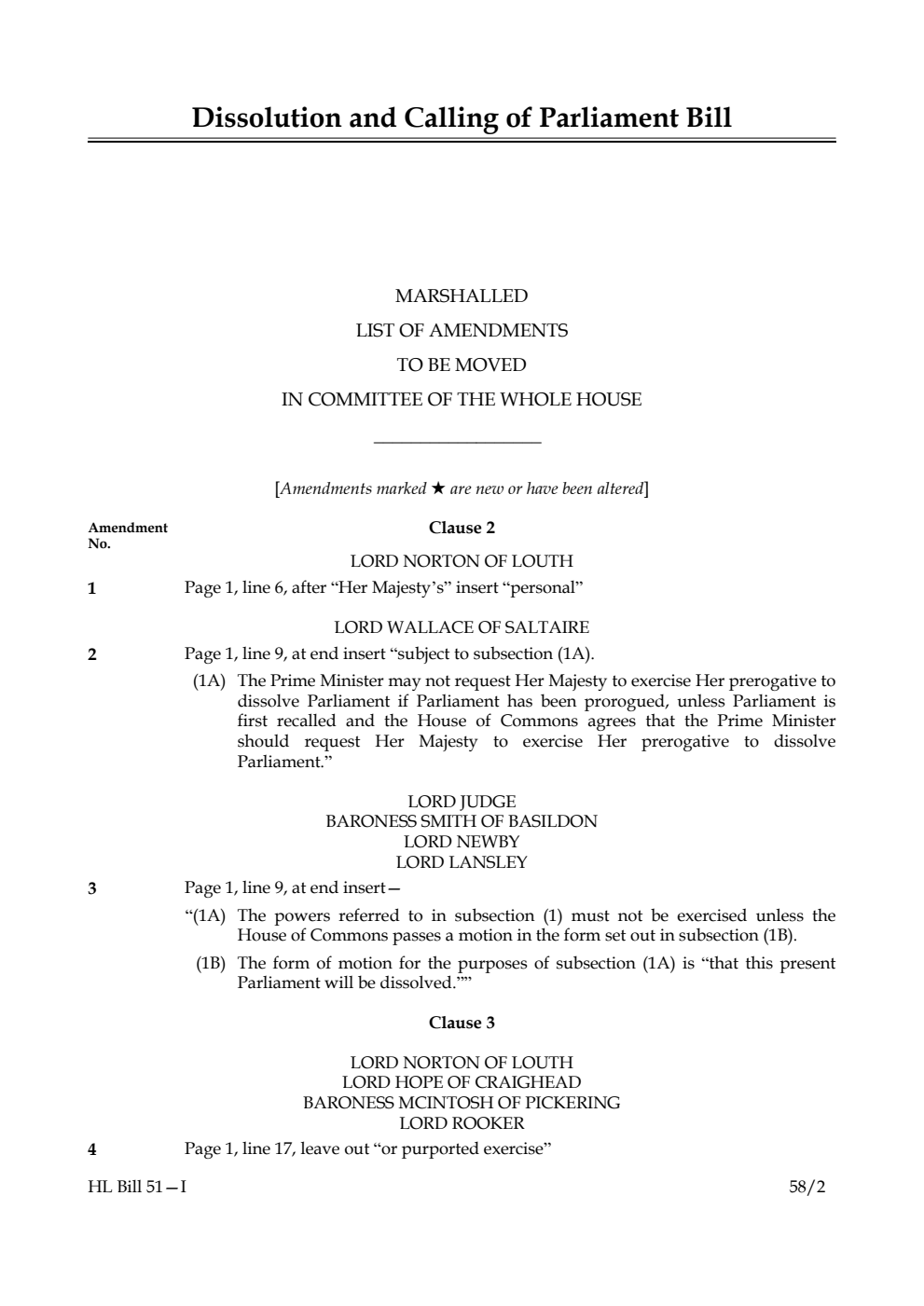 Dissolution and Calling of Parliament Bill Marshalled List of Amendments to be moved in Committee of the Whole House