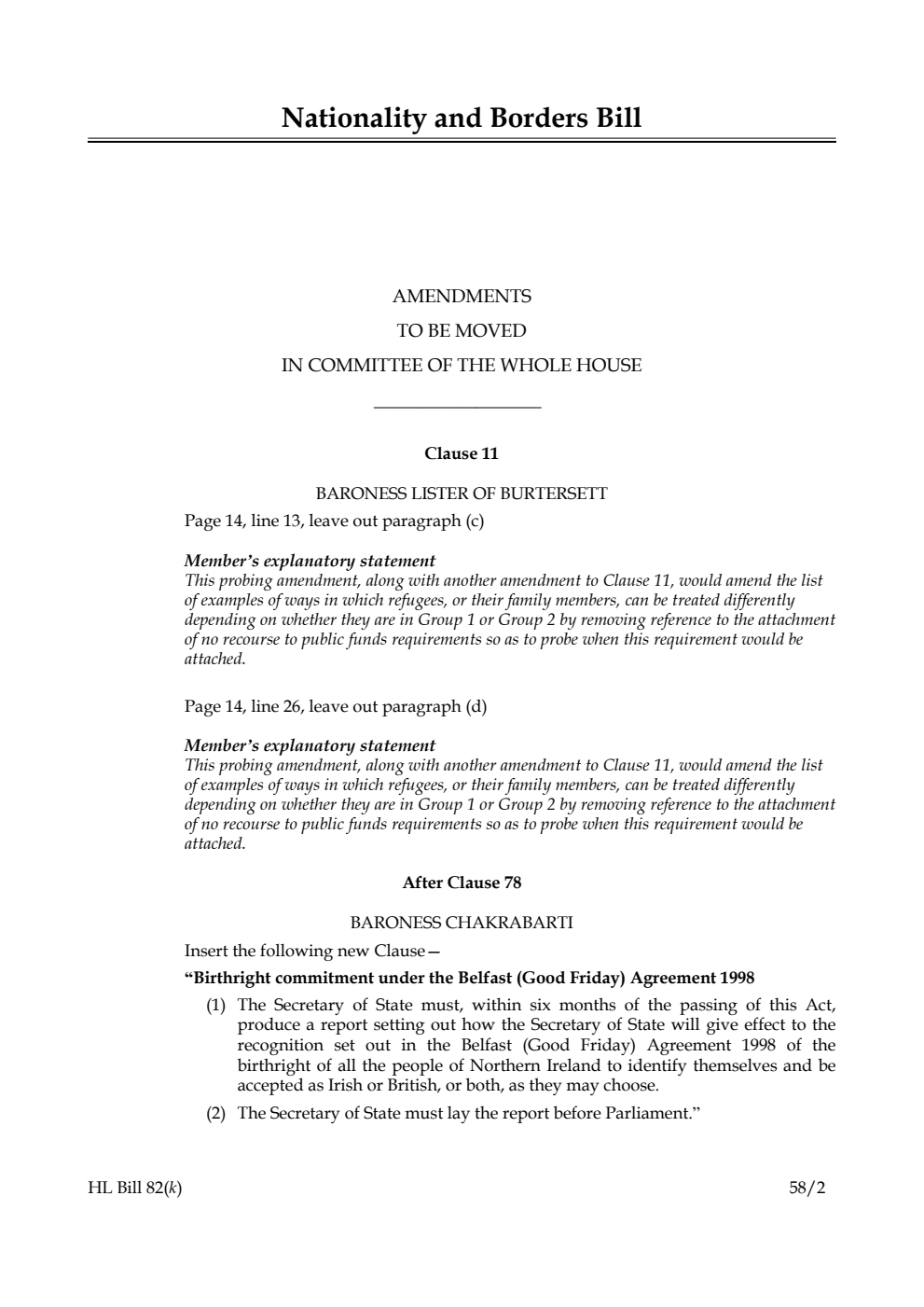 Nationality and Borders Bill Amendments to be moved in Committee of the Whole House