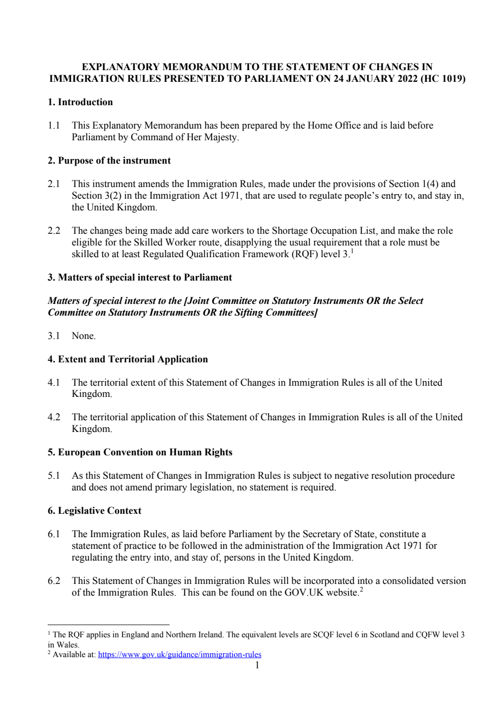 Explanatory Memorandum to the Statement of Changes in Immigration Rules