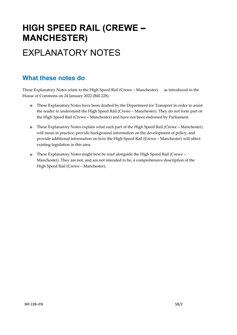 High Speed Rail (Crewe - Manchester) Bill Explanatory Notes