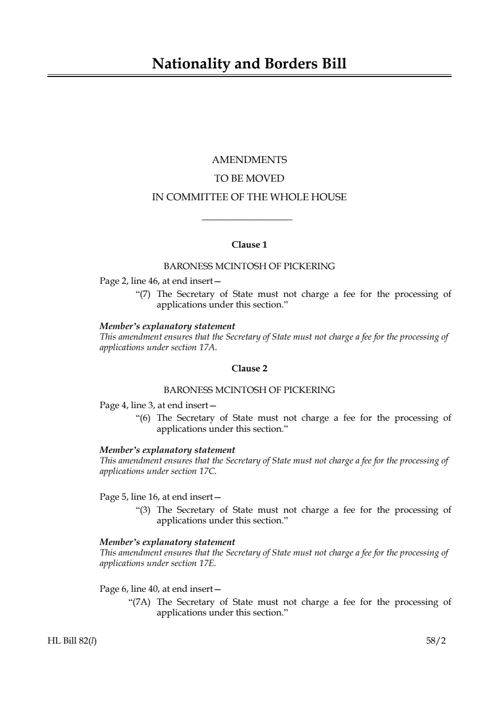 Nationality and Borders Bill Amendments to be moved in Committee of the Whole House