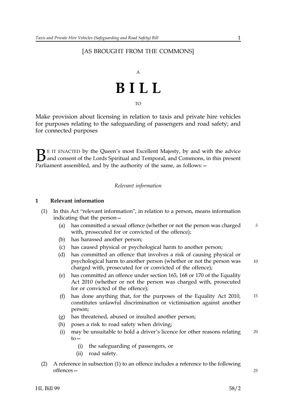 Taxis and Private Hire Vehicles (Safeguarding and Road Safety) Bill [as brought from the Commons]