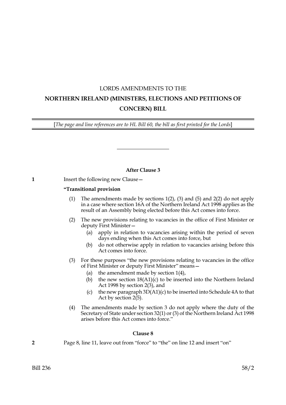 Lords Amendments to the Northern Ireland (Ministers, Elections and Petitions of Concern) Bill