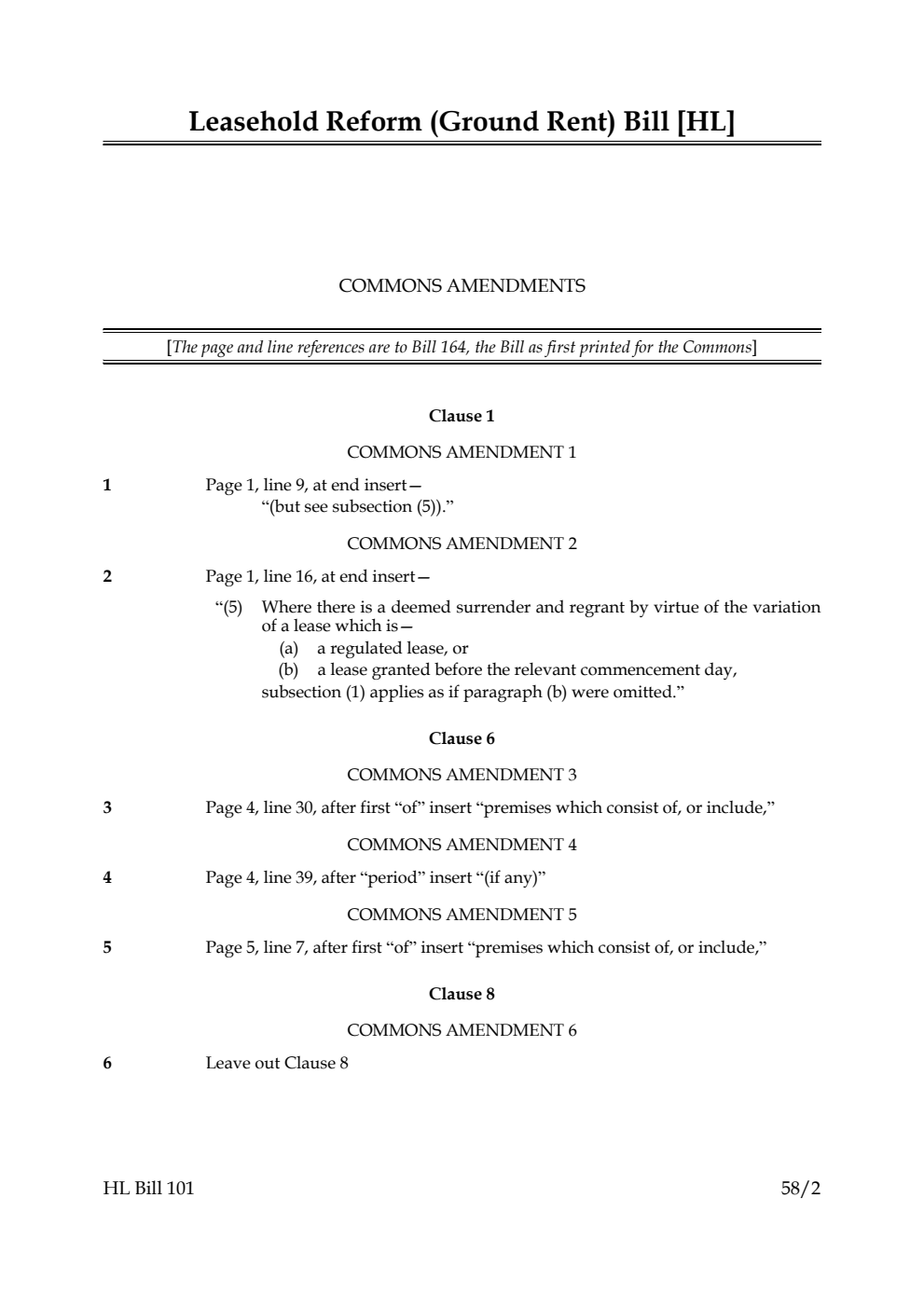 Leasehold Reform (Ground Rent) Bill Commons Amendments