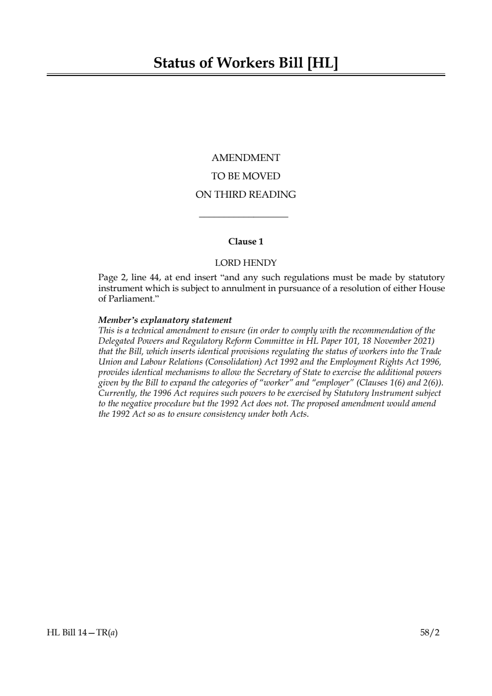 Status of Workers Bill Amendment to be moved on third reading