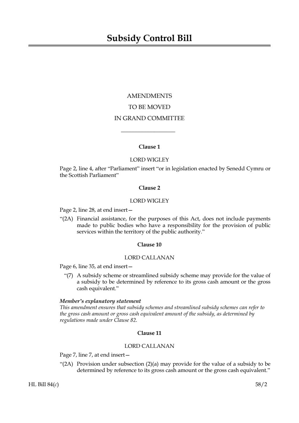 Subsidy Control Bill Amendments to be moved in Grand Committee