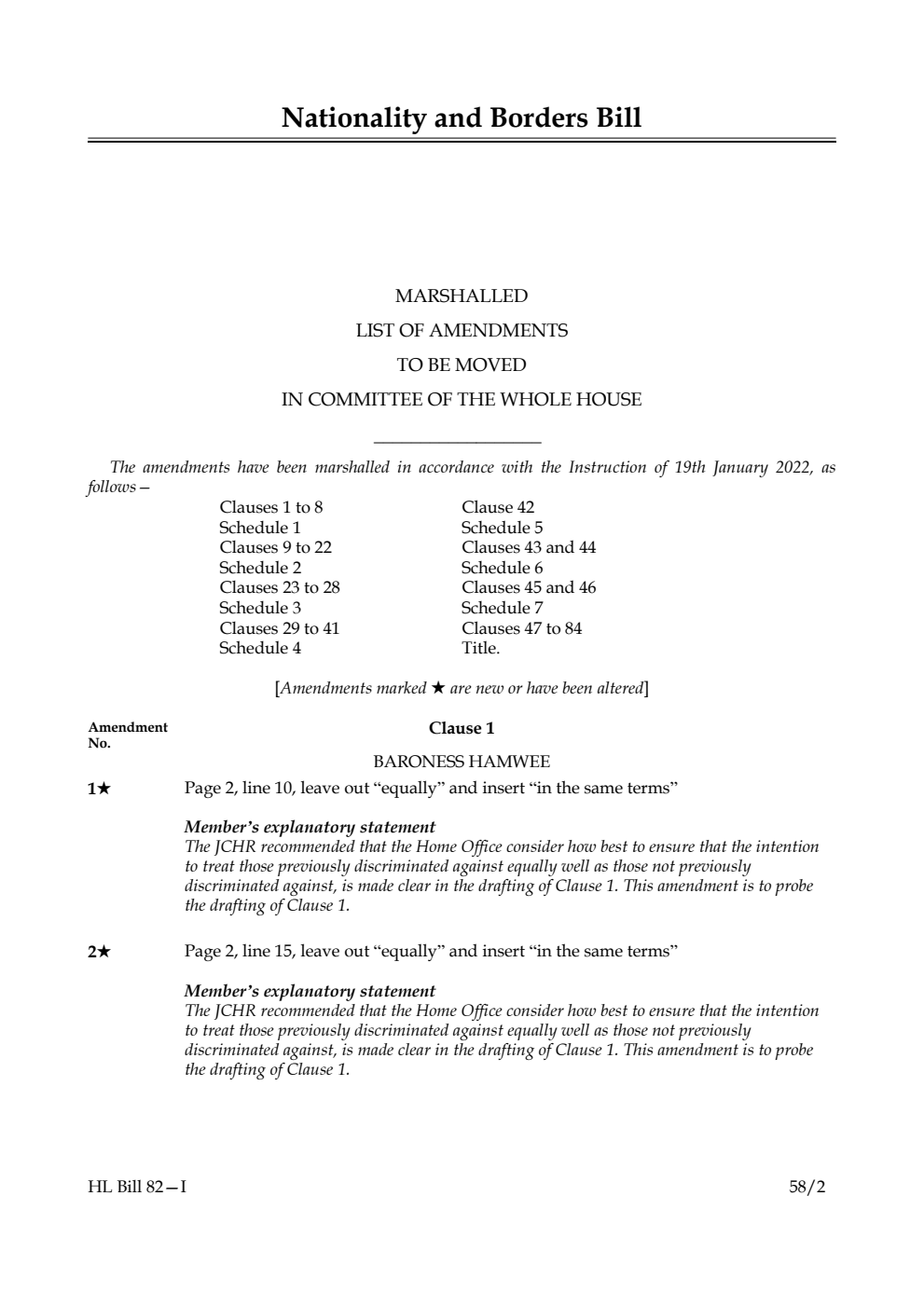 Nationality and Borders Bill Marshalled List of Amendments to be moved in Committee of the Whole House
