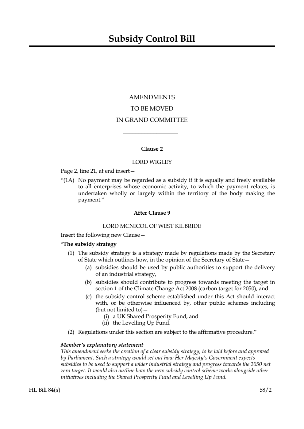 Subsidy Control Bill Amendments to be moved in Grand Committee