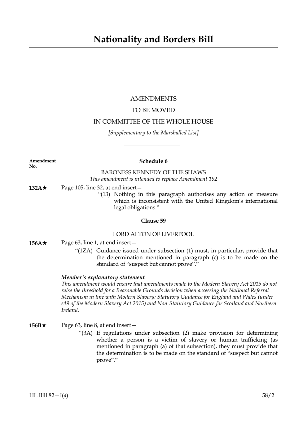 Nationality and Borders Bill Amendments to be moved in Committee of The Whole House [Supplementary to the Marshalled List]