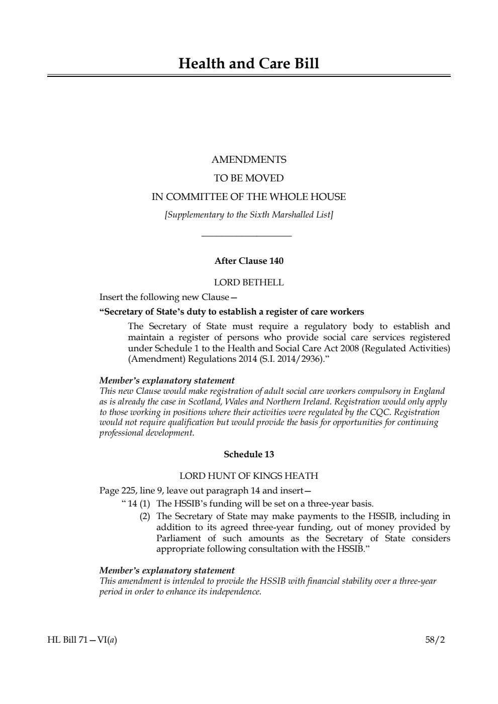 Health and Care Bill Amendments to be moved in Committee of the Whole House [Supplementary to the Sixth Marshalled List]