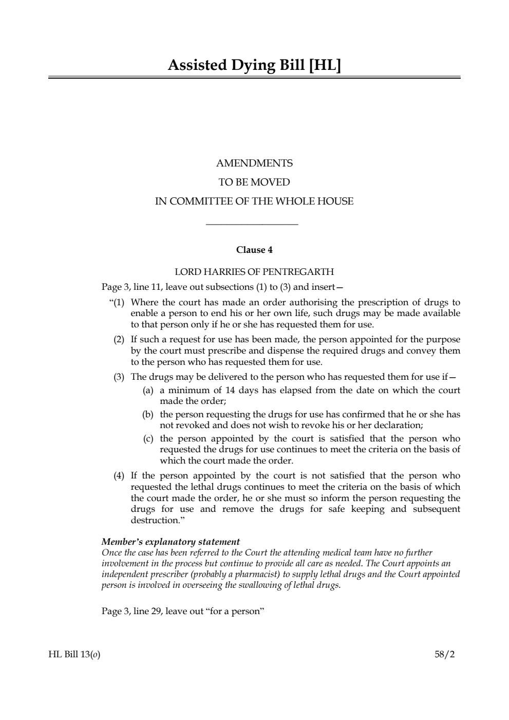 Assisted Dying Bill Amendments to be moved in Committee of the Whole House