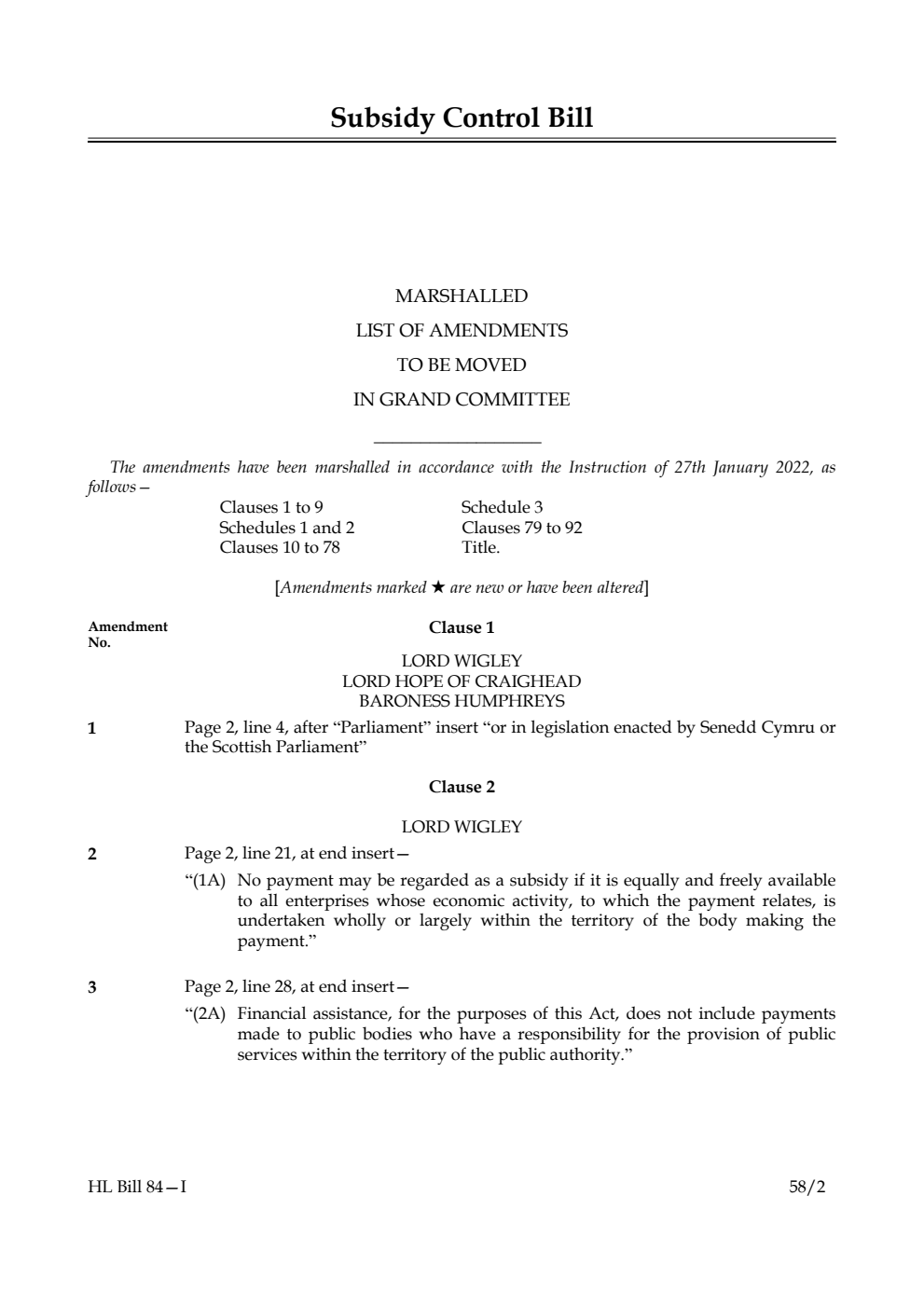 Subsidy Control Bill Marshalled List of Amendments to be moved in Grand Committee