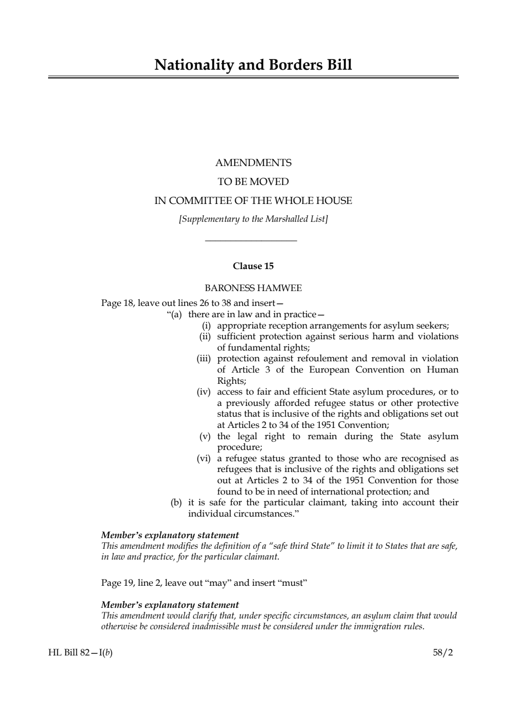 Nationality and Borders Bill Amendments to be moved in Committee of The Whole House [Supplementary to the Marshalled List]