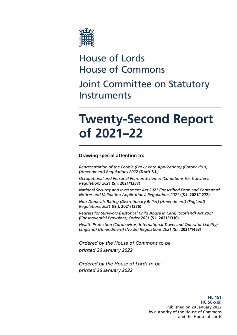 Joint Committee on Statutory Instruments 22nd Report of Session 2021-22