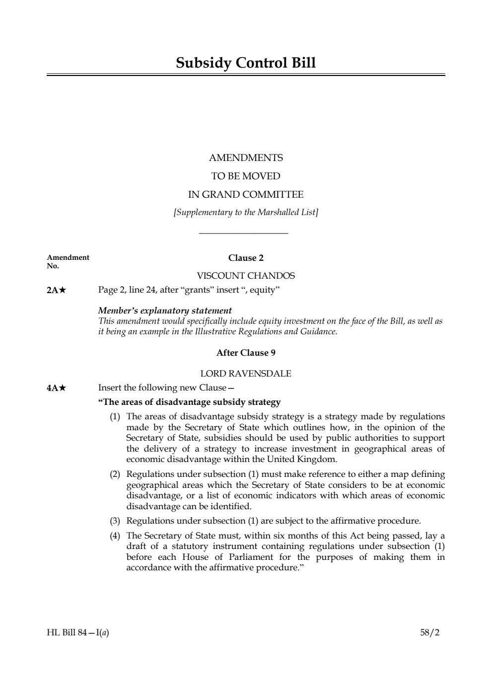Subsidy Control Bill Amendments to be moved in Grand Committee [Supplementary to the Marshalled List]