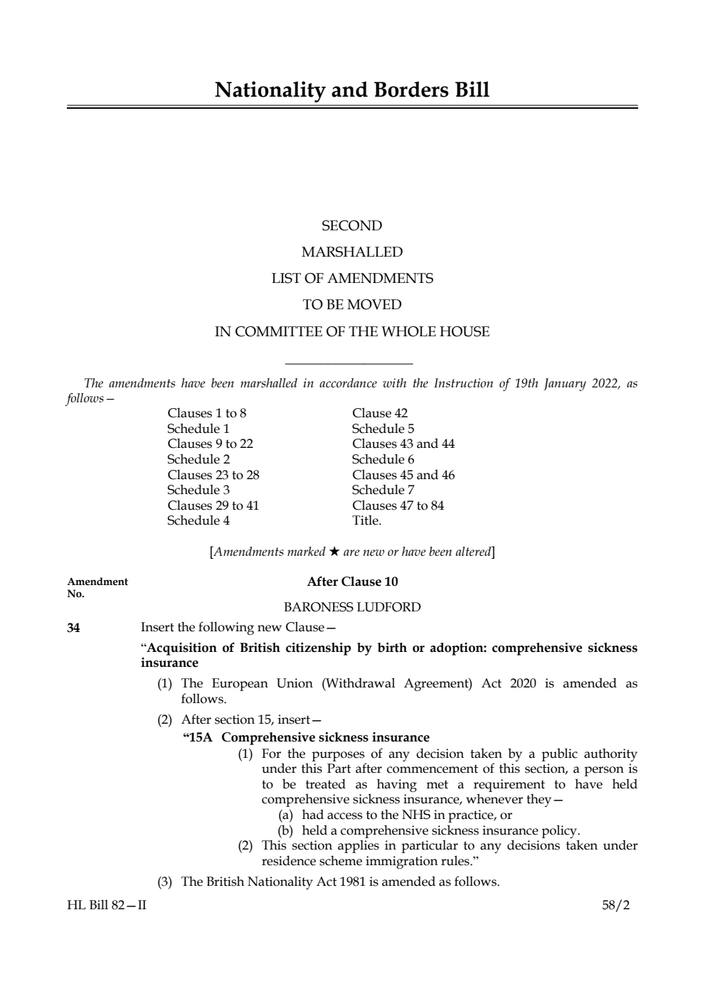Nationality and Borders Bill Second Marshalled List of Amendments to be moved in Committee of the Whole House