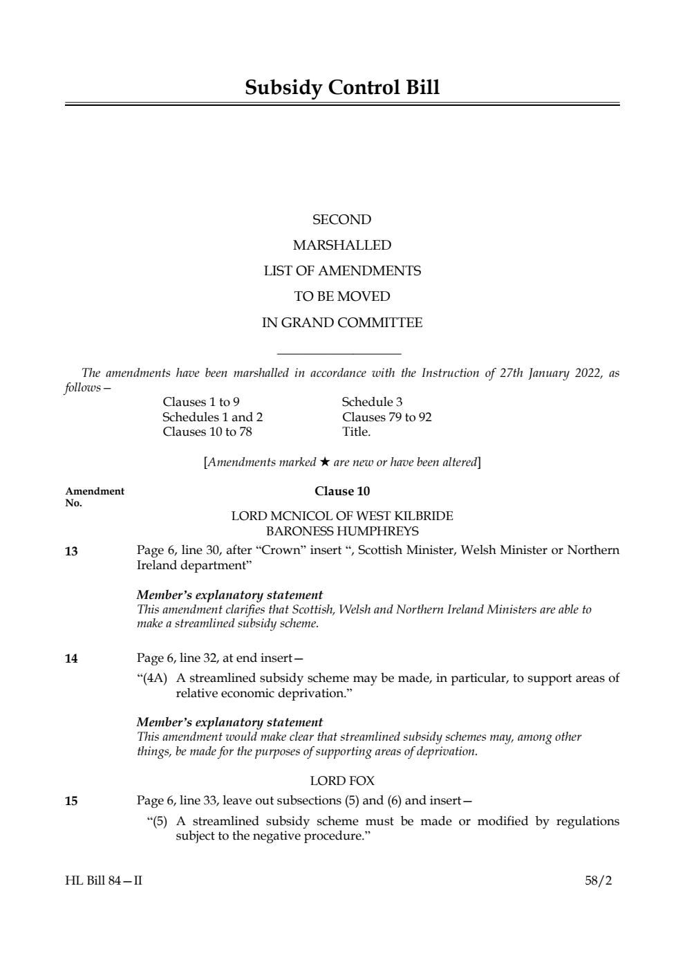 Subsidy Control Bill Second Marshalled List of Amendments to be moved in Grand Committee
