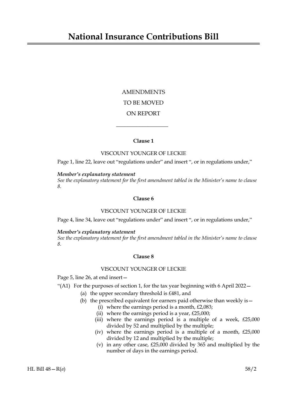 National Insurance Contributions Bill Amendments to be moved on Report