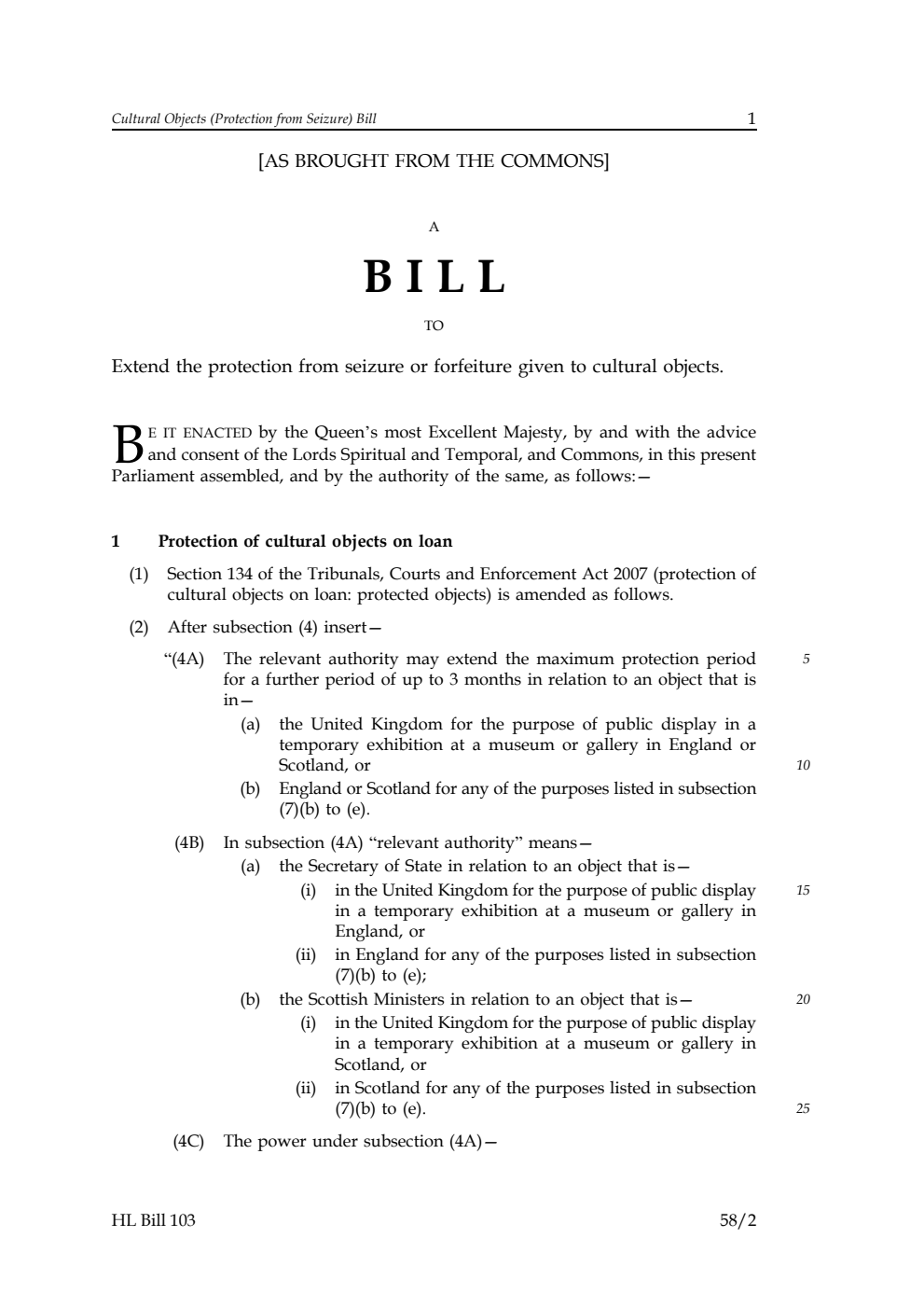 Cultural Objects (Protection from Seizure) Bill [as brought from the Commons]