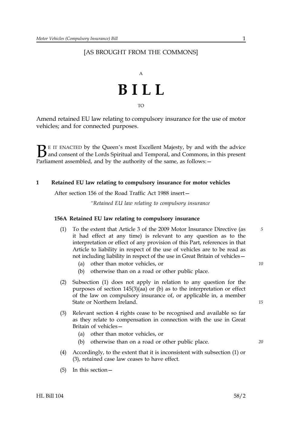 Motor Vehicles (Compulsory Insurance) Bill [as brought from the Commons]