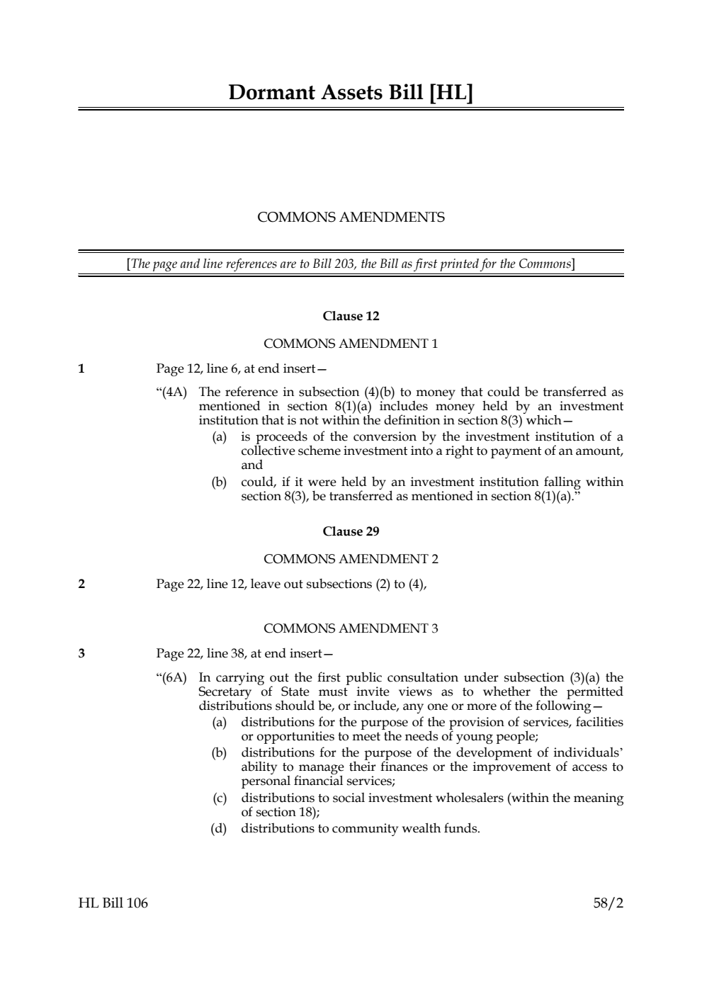 Dormant Assets Bill Commons Amendments
