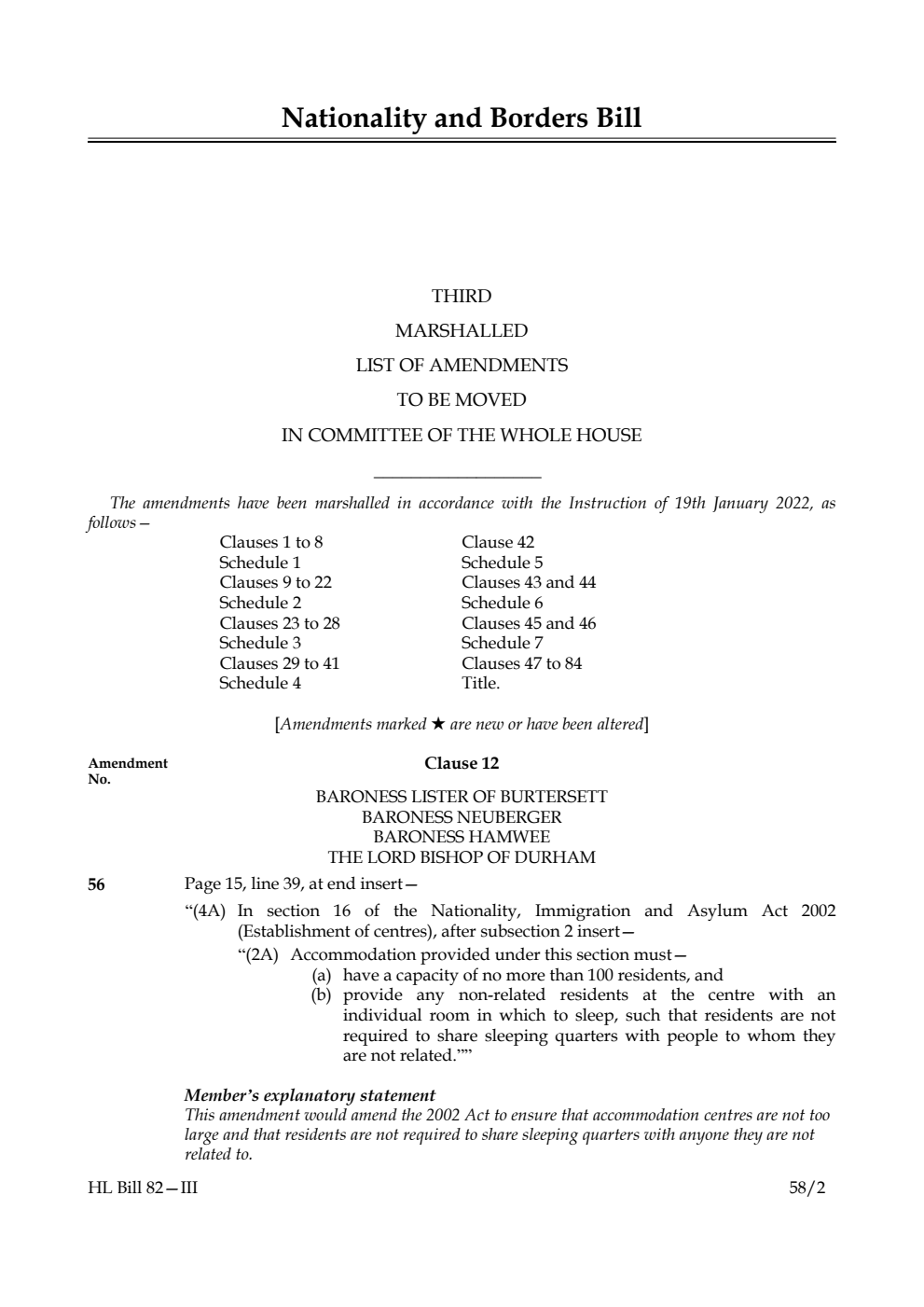 Nationality and Borders Bill Third Marshalled List of Amendments to be moved in Committee of the Whole House