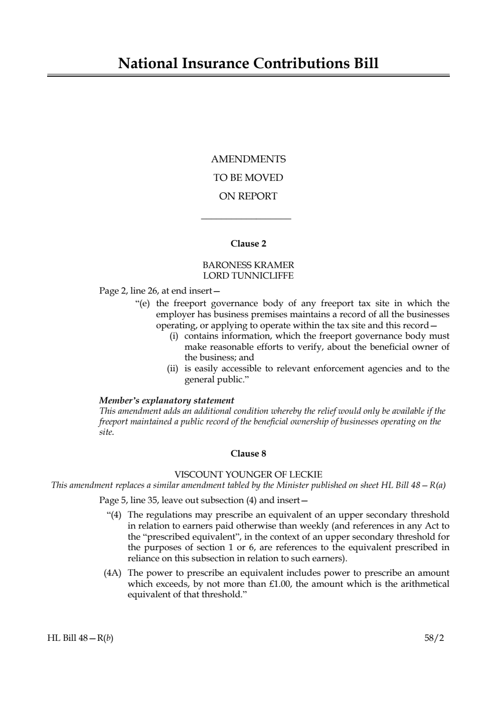 National Insurance Contributions Bill Amendments to be moved on Report