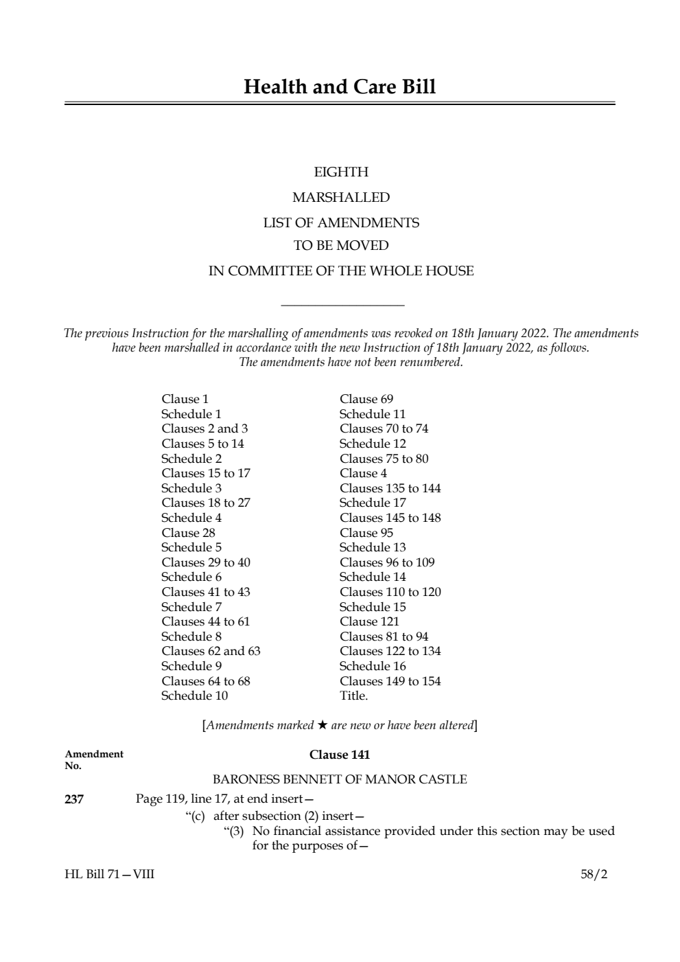 Health and Care Bill Eighth Marshalled List of Amendments to be moved in Committee of the Whole House