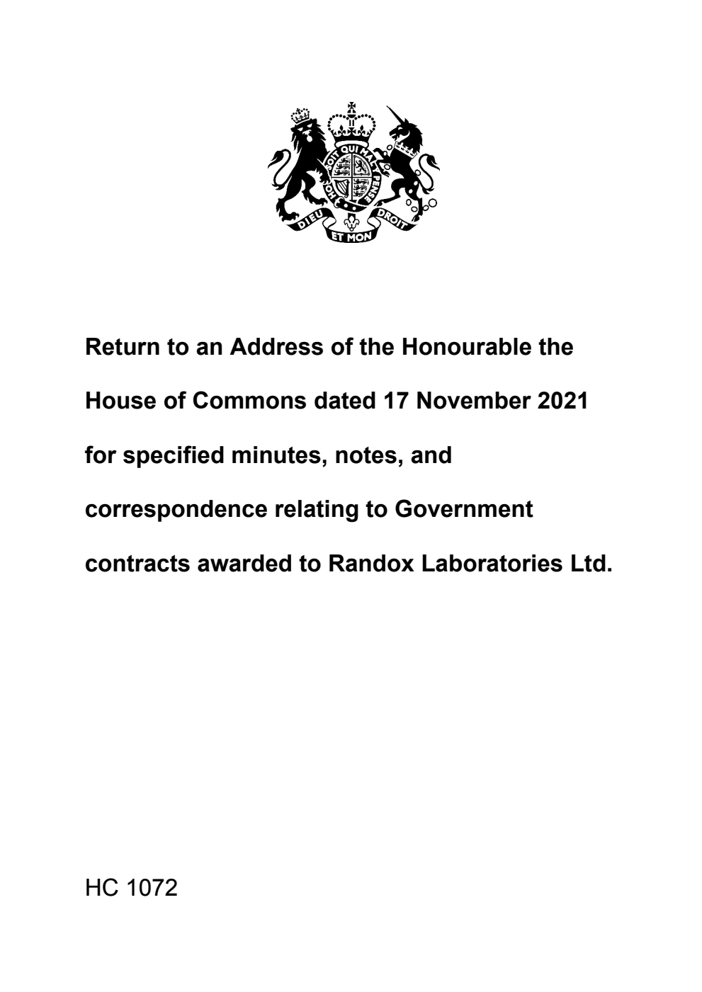 Return to an Address of the Honourable the House of Commons dated 17 November 2021 for specified minutes, notes, and correspondence relating to Government contracts awarded to Randox Laboratories Ltd.
