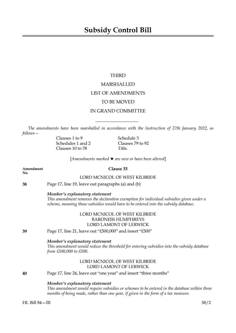 Subsidy Control Bill Third Marshalled List of Amendments to be moved in Grand Committee