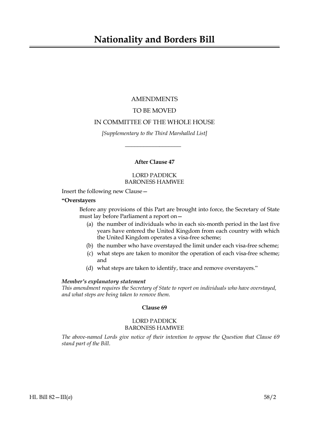 Nationality and Borders Bill Amendments to be moved in Committee of the Whole House [Supplementary to the Third Marshalled List]